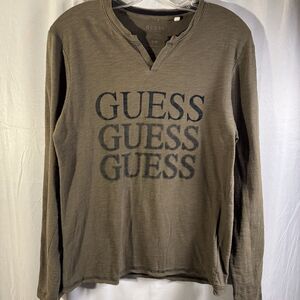 Guess Long Sleeve Logo Graphic T Shirt Olive Green V Neck Women's Small Casual